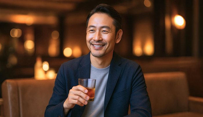 余裕を感じさせる振る舞いをする男性