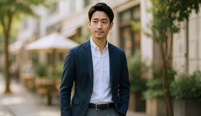 シンプルで清潔感のある服装で街を歩く男性