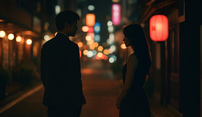 A man and woman standing apart under warm city lights in Japan, symbolizing distance and unspoken feelings.
