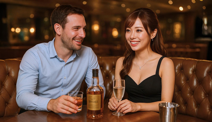 A Japanese hostess and a foreign guest smiling and talking on a leather sofa in a cabaret club, representing the fine line between work and genuine affection.