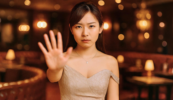 A Japanese hostess in an elegant dress holding her hand forward with a calm expression, symbolizing respect and personal boundaries in Japanese cabaret culture.