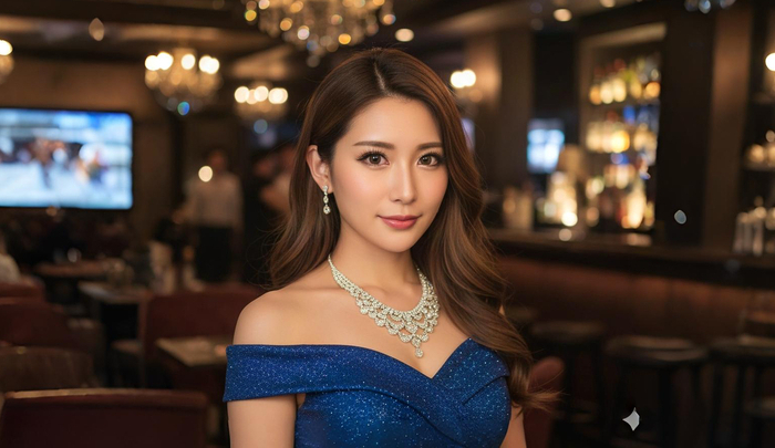 Japanese hostess in an elegant blue evening dress, standing in a warmly lit Tokyo cabaret club