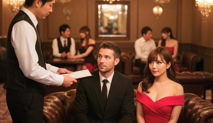 A waiter bringing the bill to the table at a Japanese cabaret club.