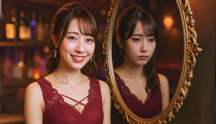 A Japanese hostess smiling in the mirror, her reflection revealing a hidden side — symbolizing the lies and illusions of cabaret life.