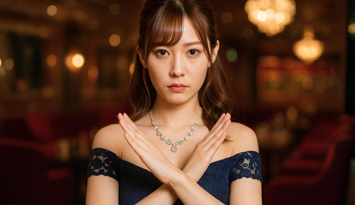Japanese hostess making an X gesture with her arms inside a cabaret club to show what not to do
