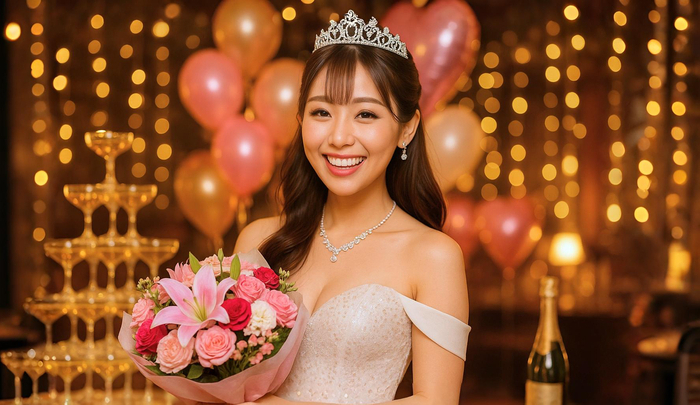 Japanese hostess smiling in a white glitter dress with a bouquet during a glamorous birthday event at a cabaret club.