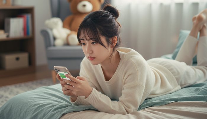 Japanese woman lying on bed and texting on her smartphone at night, showing LINE culture in Japan.