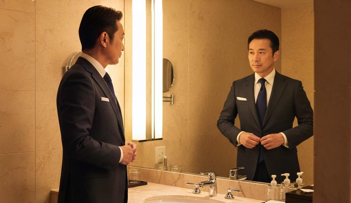 鏡の前で身だしなみを整えている40代男性
