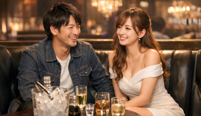 楽しそうにお酒を飲んで会話する男性とキャバ嬢