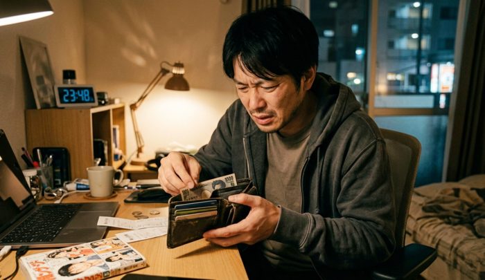 キャバクラに行き過ぎて、中身の少ない財布を開いて焦る男性